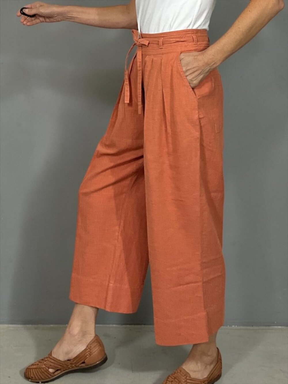 Anthropologie En Saison Jasper Pant XS Coral Wide Leg High Rise Belted - Picture 5 of 16
